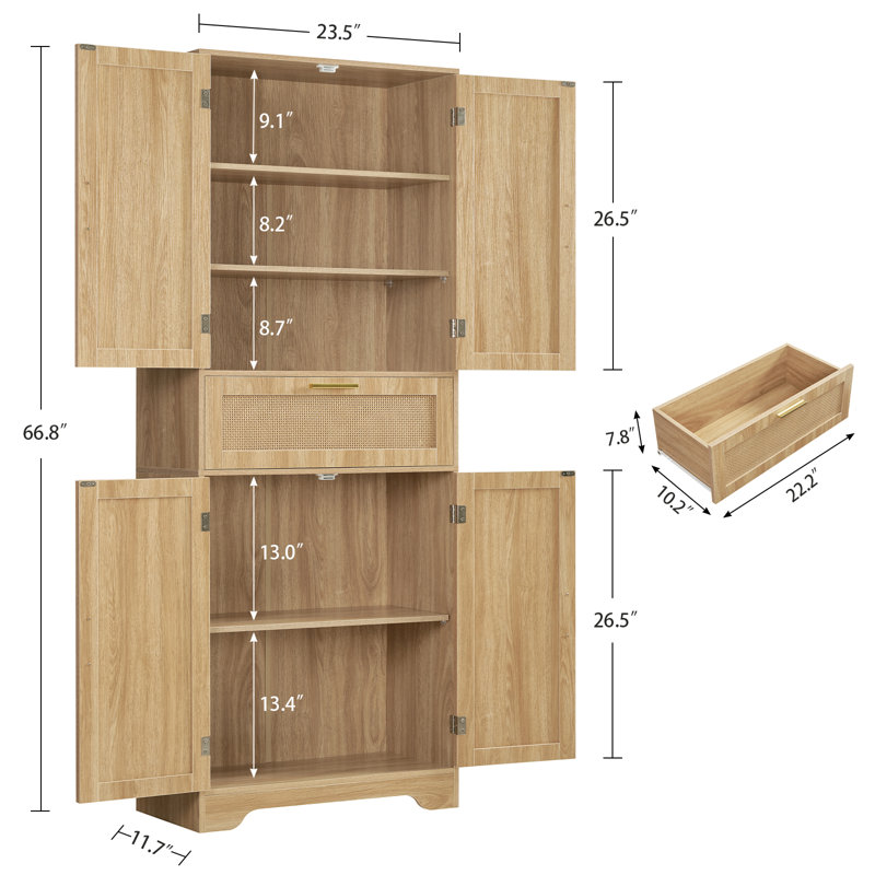 Jymari 67" Tall Kitchen Pantry Storage Cabinet,Bathroom Storage Cabinet with 1 Large Drawer & 2 Large Cabinets, Natural, Gold