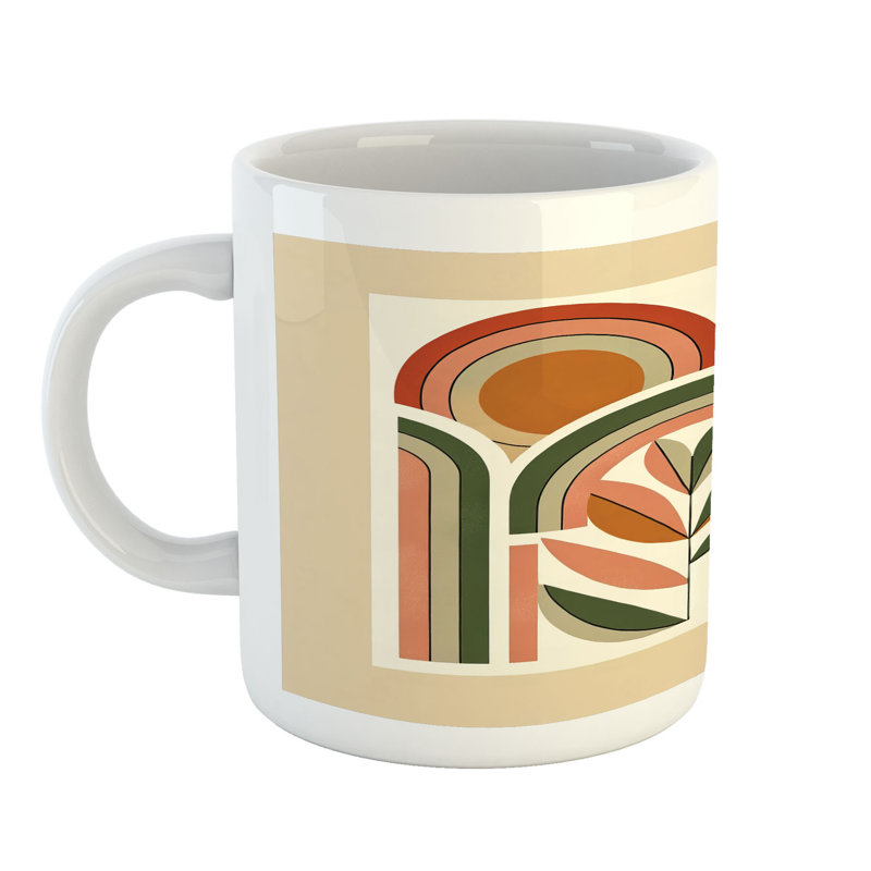Ebern Designs Monstera Ceramic Coffee Mug Boho Mid Century Abstract 11 oz Dark Rust Beige Green