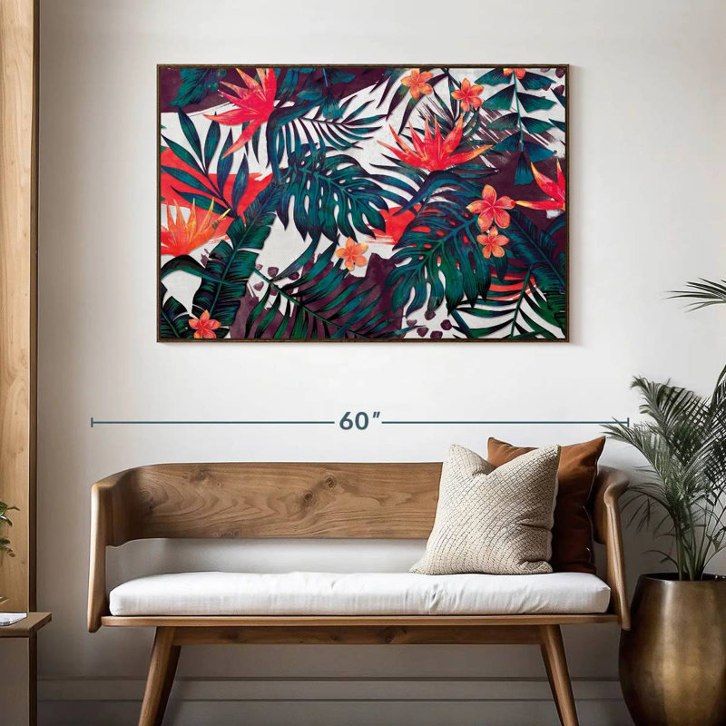Palmiers et fleurs tropicales, 46 po x 31 po, Cadre flottant en noyer