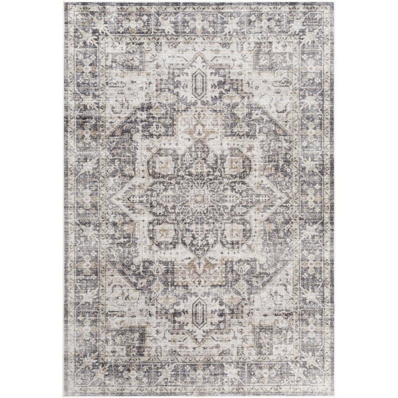 Tapis oriental en polyester tissé à la machine en gris foncé / beige Mittler, Rectangle 3 pi 6 po x 5 pi 6 po