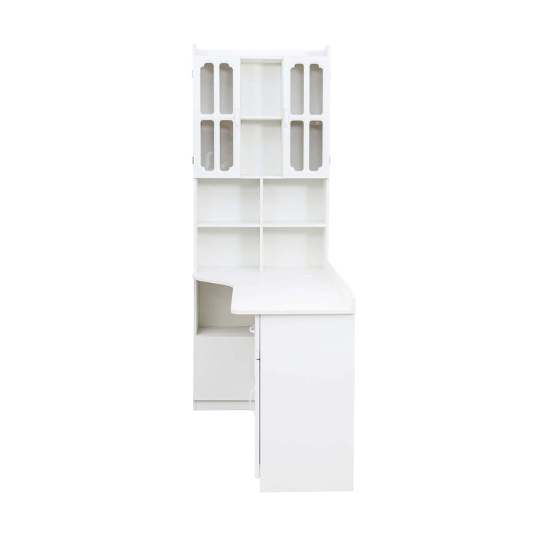 Bureau d'étude de coin en L blanc 2-en-1 blanc, table de travail de bureau à grand espace avec tiroirs, bibliothèque et armoire de rangement supérieure