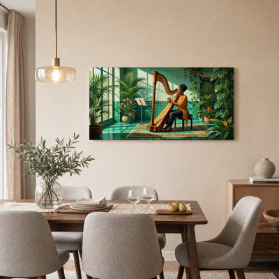 Femme jouant de la harpe parmi des plantes tropicales, art mural