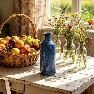 Ensemble de 3 vases en céramique glaçure réactive bleu indigo, ensemble de vases décoratifs de style campagne moderne pour le salon, la chambre à coucher, la cuisine et le vestibule, grandes, moyennes et petites pièces de décoration rustique