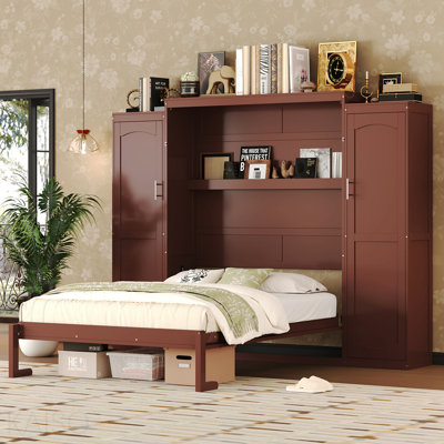 Cadre de lit double escamotable, cadre de lit double en matériau de structure en bois avec 2 avec rangement pour garde-robe intégré et tablette de rangement, cadre de lit plateforme pliable multifonctionnel pour chambre d'amis, chambre à coucher, noyer