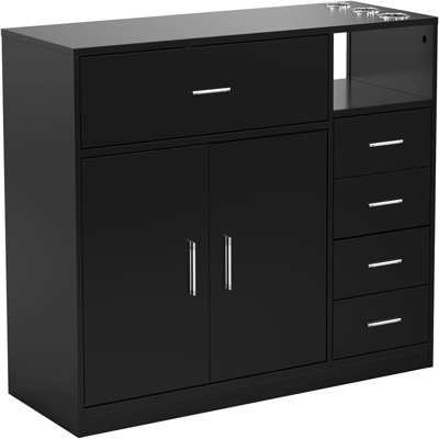 Salon Station Free Standing Cabinet With 5 Drawers, 1 Storage Cabinet, 3 Hair Dryer Holders