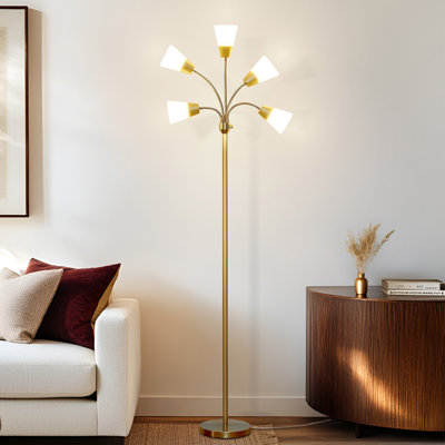 Brightech Medusa Modern 78 In. 5-light Adjustable Gooseneck Led Floor Lamp With 5 Cone Shades In Brass