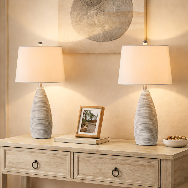 26" Farmhouse Resin white Table Lamp with Pre-Assembled Linen Shade and 3-Way Dimmable