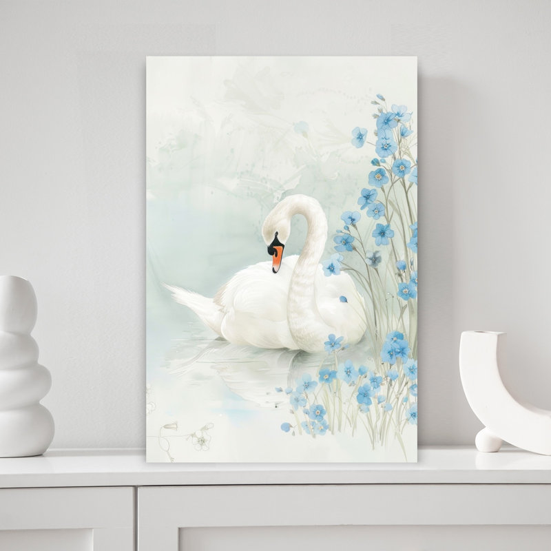 Elegant Swan Blue Blooms Delicate Elegant Peaceful Bird Nature Wildlife Wall Art Print 1 Piece Wrapped Canvas Wall Art
