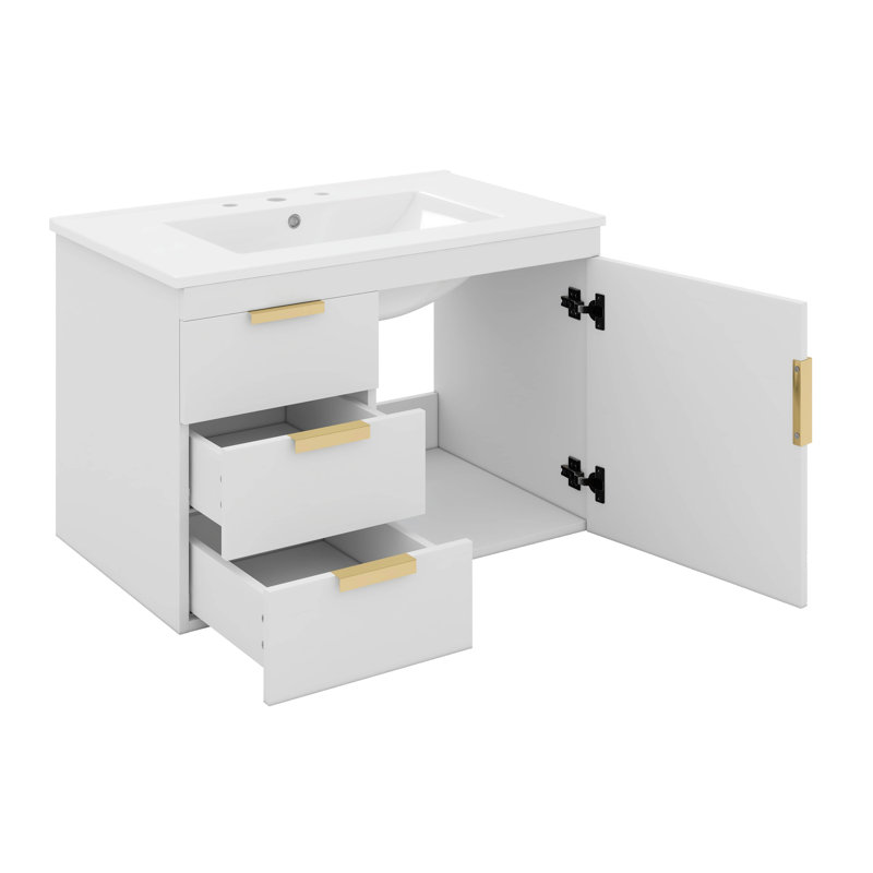 Ensemble d'armoire de salle de bain murale 30 po avec lavabo en céramique, portes et tiroir à fermeture en douceur, Blanc