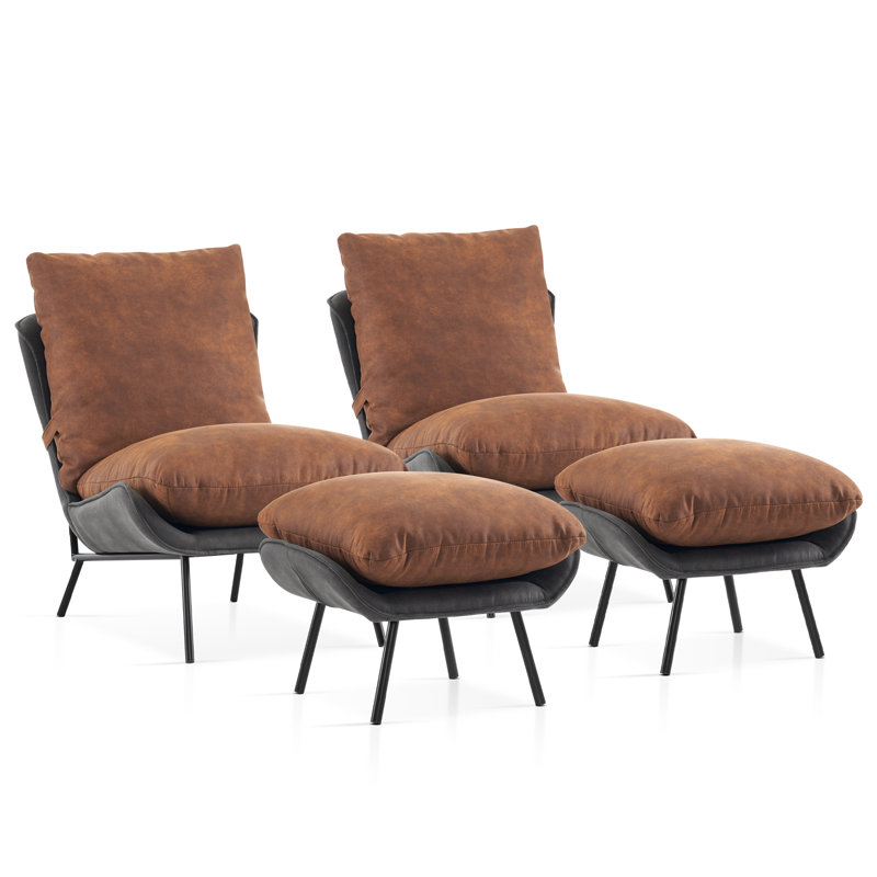 Keiralyn Accent Chair with Ottoman, Leathaire Fabric Armless Chair, Upholstered Leisure Chairs, Brown Polyester