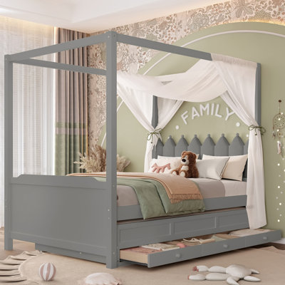 Lit plateforme avec tête de lit tapissier, lit gigogne et 3 tiroirs, cadre de lit à baldaquin princesse pour enfants, rangement et assemblage facile.