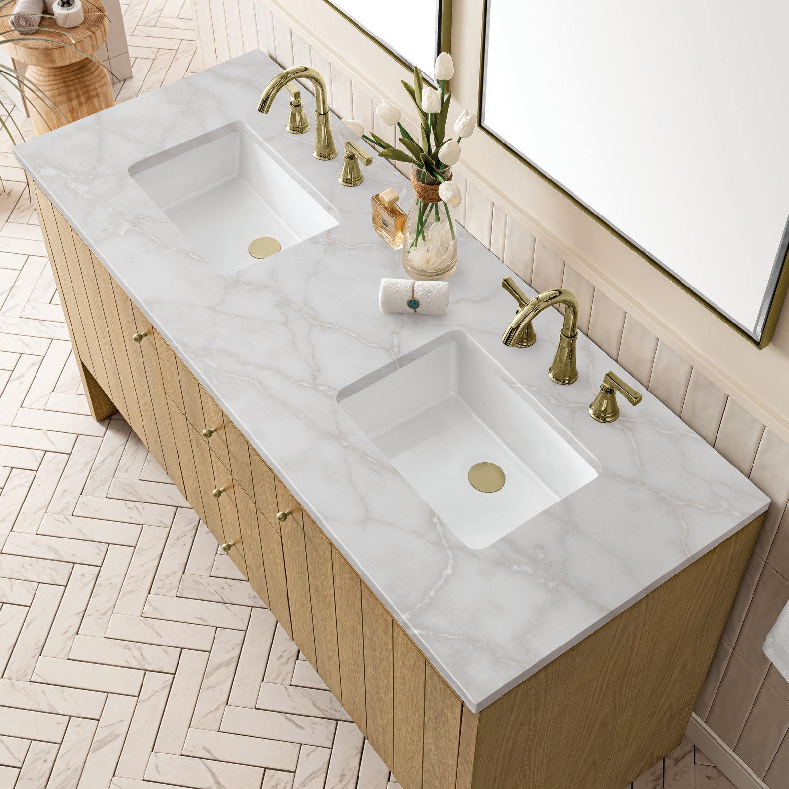 Hudson 60'' Double Bathroom Vanity, Victorian Silver, 8" Widespread, Light Natural Oak