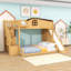 Lit superposé simple au-dessus de double en bois avec escalier de rangement, glissade, garde-robe-251113383
