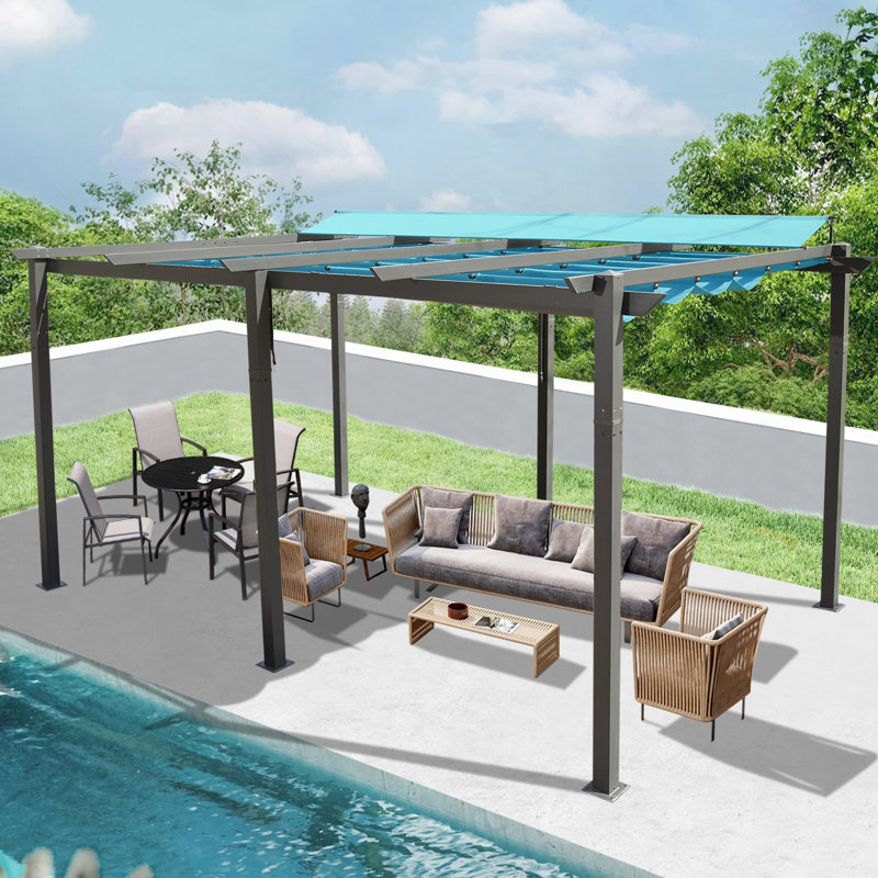 11 X 16 Ft Outdoor Pergola In Lake Blue Hue. Aluminum Frame. Canopy. Retractable For Sun Control. Easy Assembly Required. Versatile Courtyard, Lawn, Pool Areas - Blue. Adjustable Shade Option. To