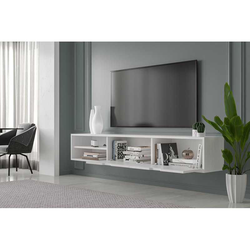 Savya 71" Wall Mounted Floating Entertainment Media Console, Wooden White