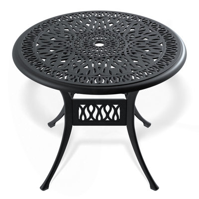Table de salle à manger de patio en aluminium coulé 35,43 pouces avec structure noire et trou pour parasol