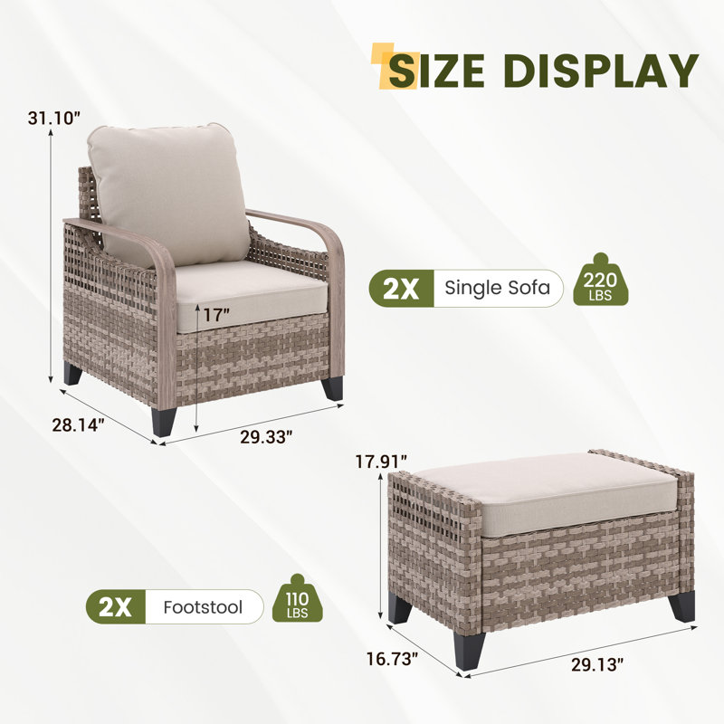 Ensemble de conversation pour patio 4 pièces, 2 fauteuils de patio avec repose-pieds, structure en acier avec transfert de chaleur à grain de bois, coussins en oléfine pour patio, porche, terrasse et bord de piscine