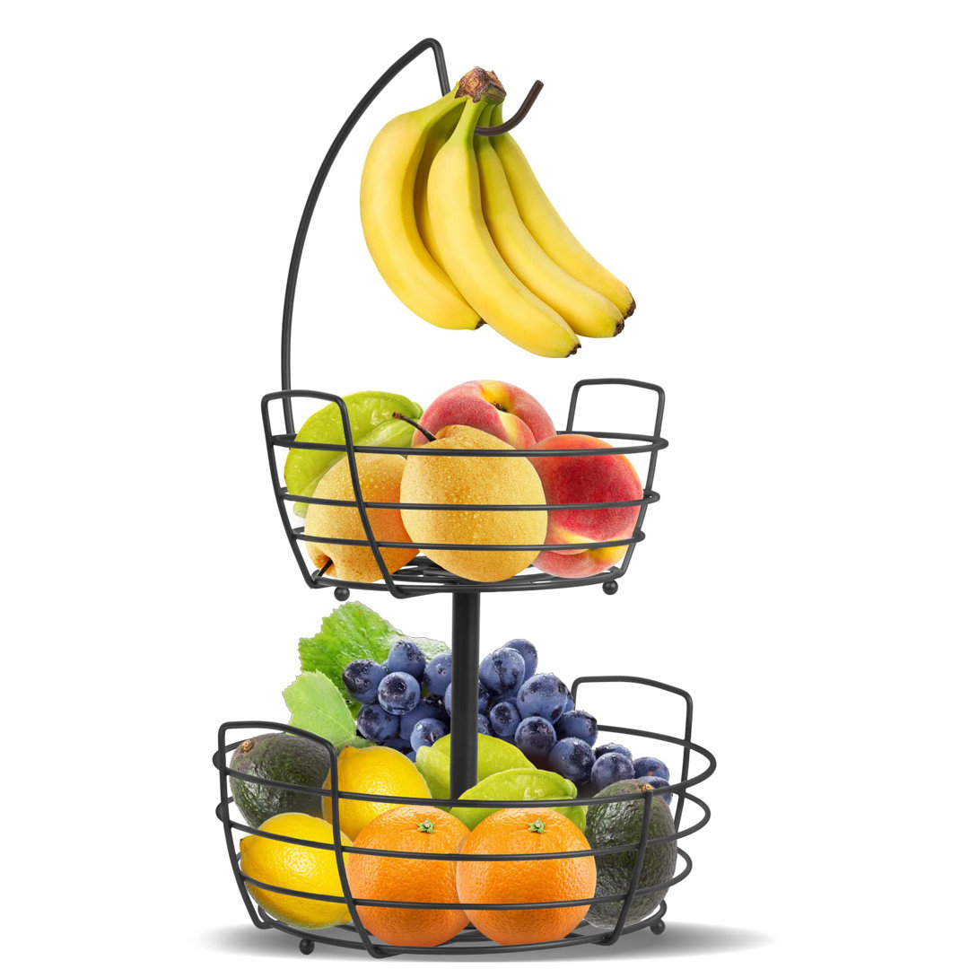 2-Tier Metal Kitchen Countertop Fruit Vegetables Bowls