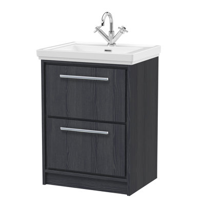 Hudson Reed Lille 600mm Graphite Grey Woodgrain 2 Drawer  Floor Standing Vanity Unit With 1 Tap Hole Fireclay Basin