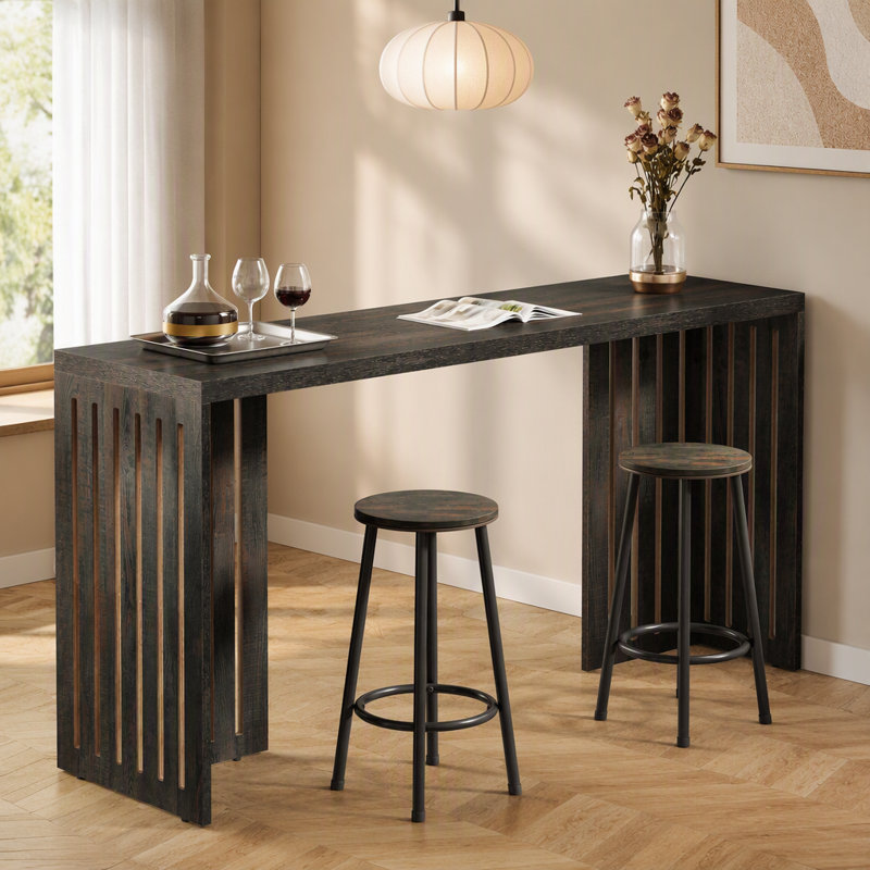 Table de bar rectangulaire haute de 160 cm (63 po) pour cuisine et salle à manger, avec base à persiennes et aspect bois rustique, idéale pour les bars à domicile.