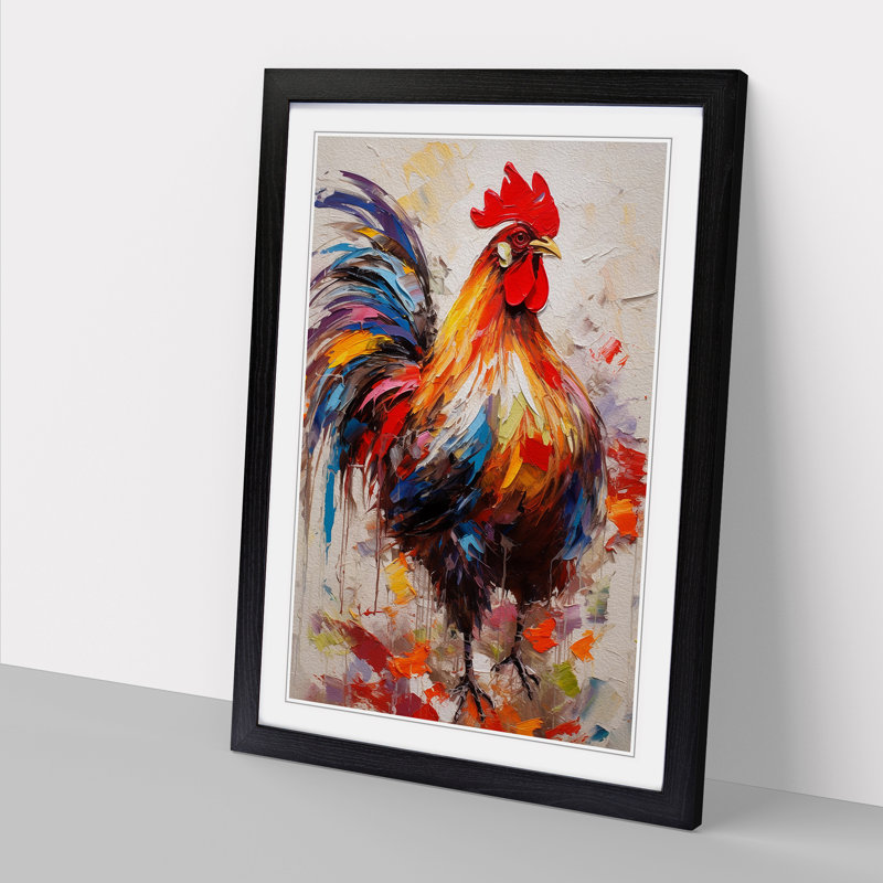 Rooster Gestural - Single Picture Frame Print on Wood, 46cm H x 34cm W x 2cm D, Black