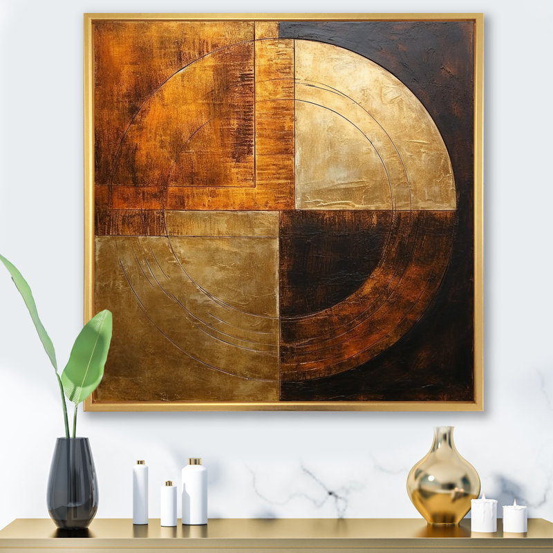 Bronze Brilliance Symetry - formes abstraites, art mural sur toile, H 36 po x l 36 po x P 1,5 po, Cadre flottant doré