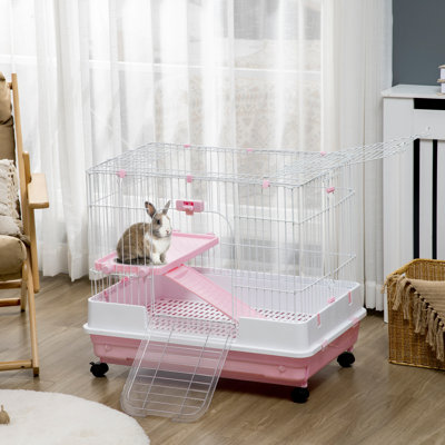 Cage à 2 niveaux pour petits animaux avec roulettes, plateau amovible, plateforme et rampe pour lapin, chinchilla, furet, rose