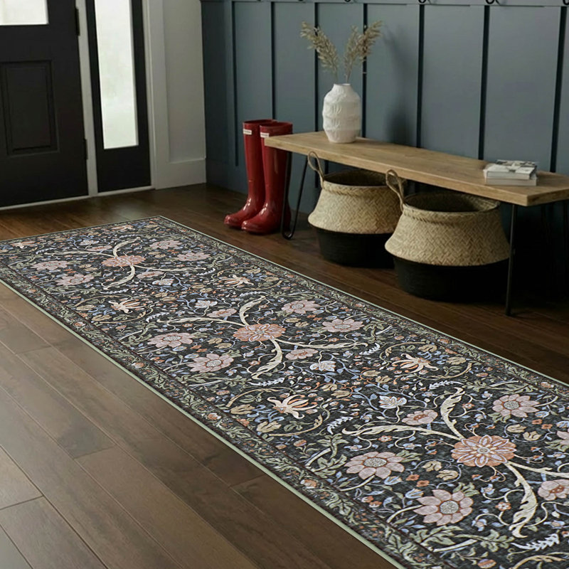 Tapis chenille imprimé lavable Hunter, Gris anthracite / bleu marine, 2 x 8