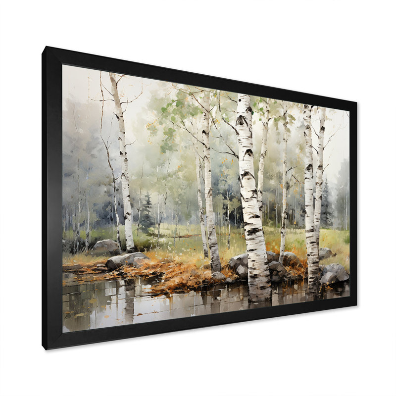 «Green Birch Wood Beauty I - Tree Birch», reproduction sur toile encadrée, H 16 po x l 32 po x P 1 po, Cadre simple noir