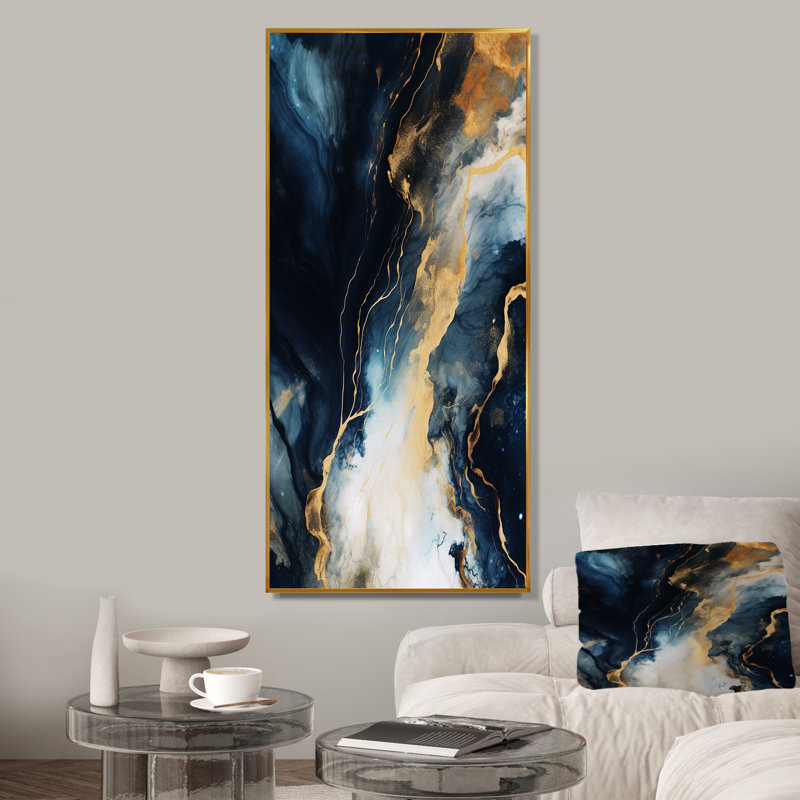 Or et bleu, peinture abstraite sur marbre II - décoration murale en marbre, Cadre flottant doré, H 32 po x l 24 po