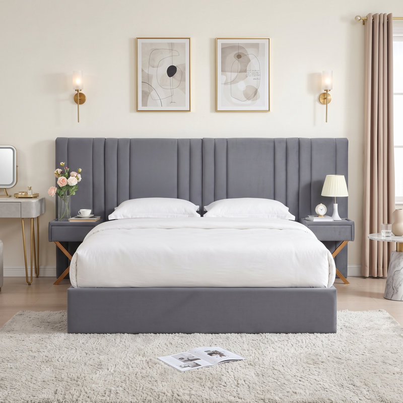 Lit plateforme de rangement capitonné en velours gris, style glamour contemporain, Queen, Grand lit, Gris