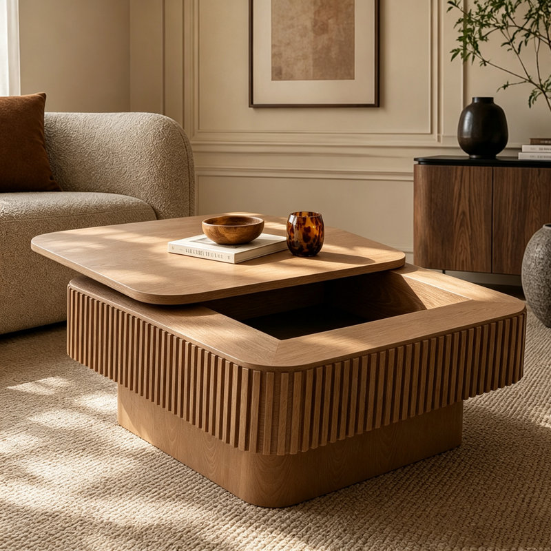 Table basse carrée 31,5 "avec rangement, Bois naturel