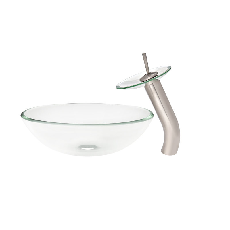 Novatto 16'' Glass Circular Bathroom Sink with Faucet, Brushed Nickel