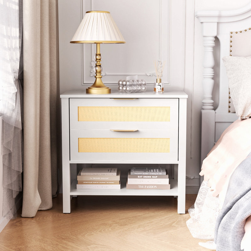 Table de chevet étroite en rotin avec 2 tiroirs et tablette de rangement Boho, Blanc