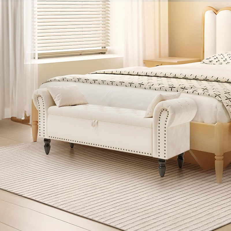Velvet Upholstered Storage Bench, Beige
