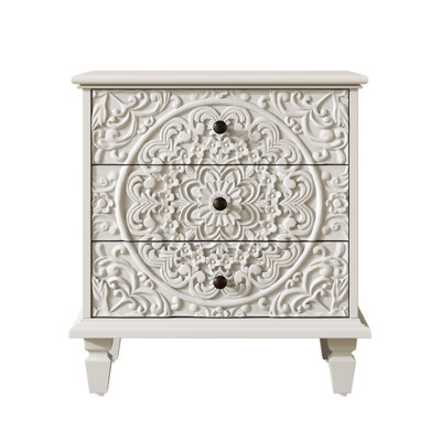 Table de chevet blanche sculptée rétro, armoire de ferme en bois aggloméré en bois massif avec 3 tiroirs de rangement, volutes en relief, poignées rétro pour le salon de la chambre à coucher