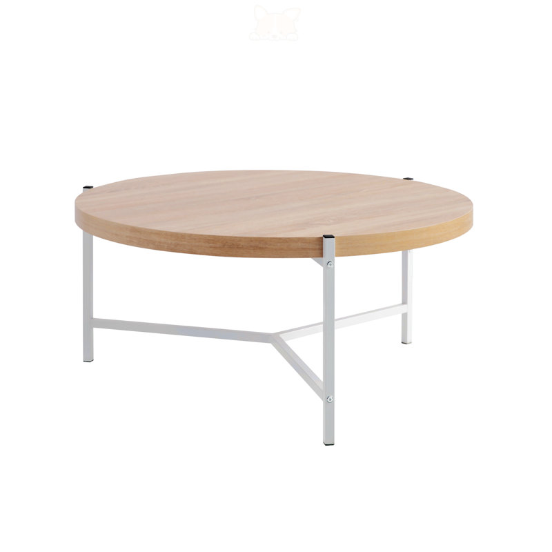 Karelle Round Coffee Table with Metal Legs, Oak Wood, White