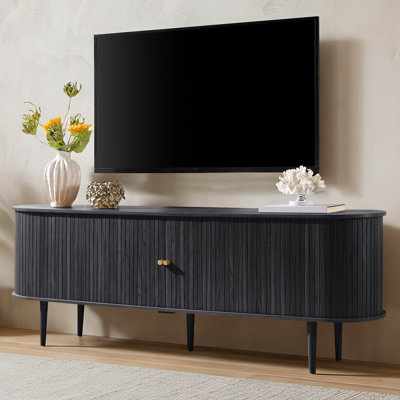 Baheerah 70" TV Stand with Solid Wood Legs with Tambour Door for 80-inch TV, Black