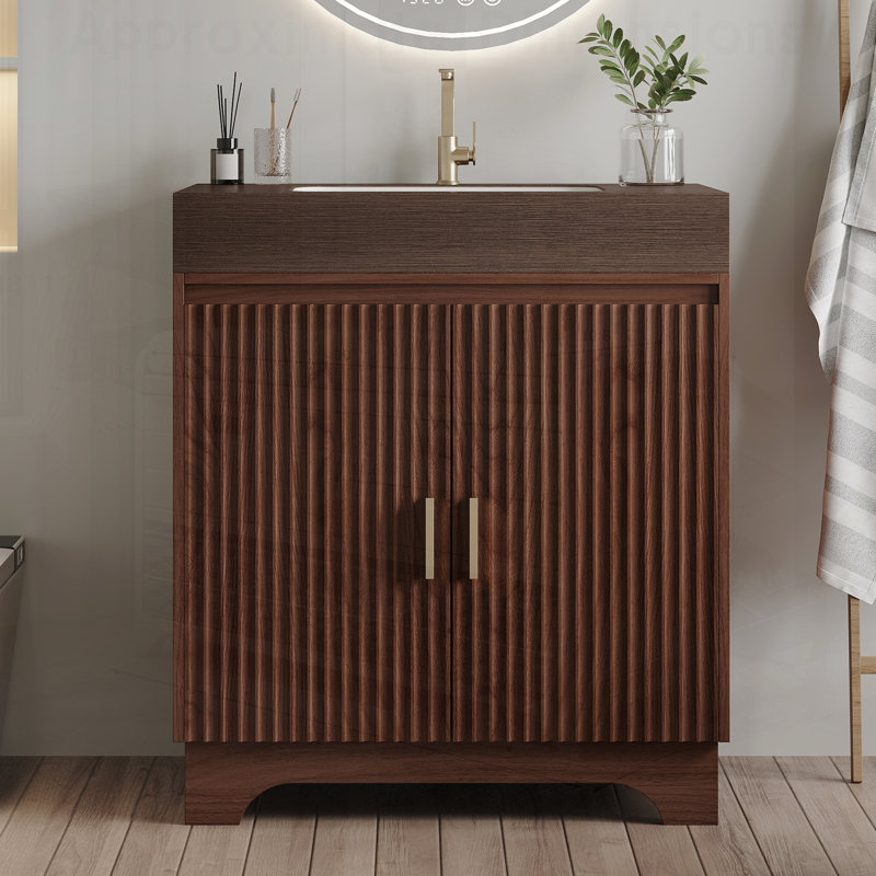 Meuble-lavabo autoportant en pierre frittée avec lavabo en céramique, Brun, noyer, Walnut