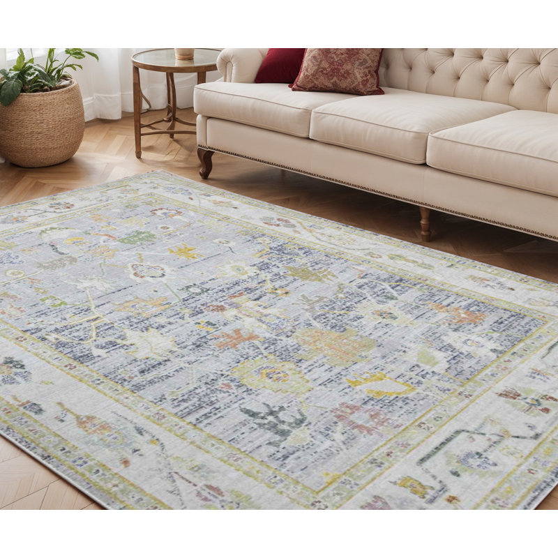 Tapis floral ivoire et gris anthracite 5 pi x 8 pi