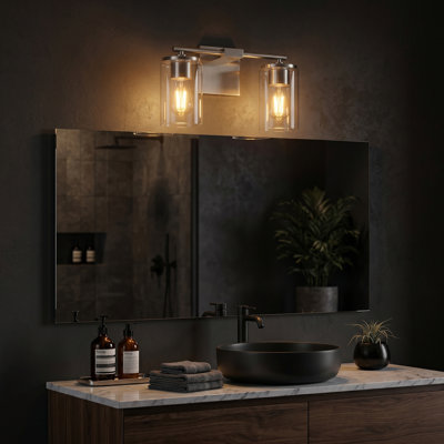 Gabi  Meridian 2-Light Vanity Light with Clear Glass Shades, Modern Bathroom Wall Light, Damp Rated