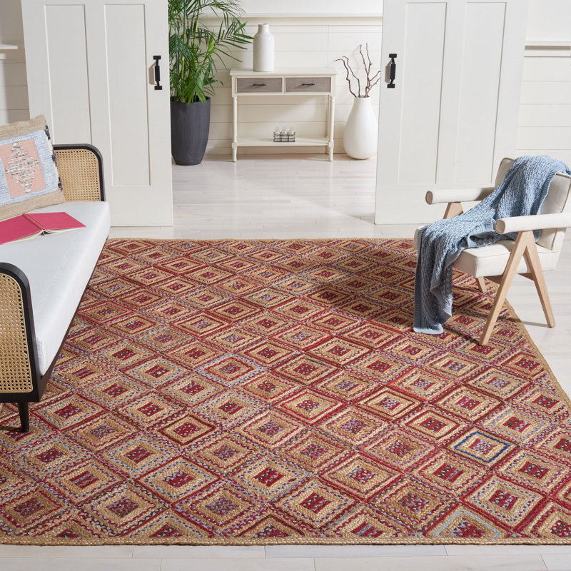 Adilynn Hand Woven Jute/Denim Geometric Rug in Red/Natural, Rectangle 8' x 10'