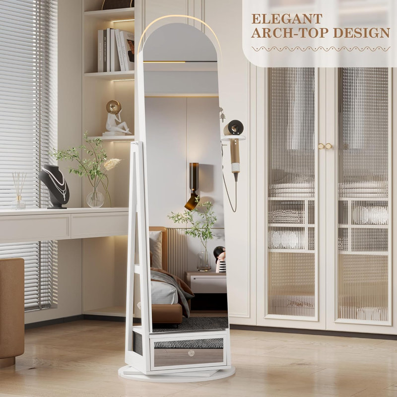 Armoire à bijoux pivotante à 360 °, armoire à bijoux sur pied H 64 po avec 6 lumières DEL, organisateur de bijoux verrouillable, miroir pleine grandeur avec rangement, tablette intérieure, tiroirs