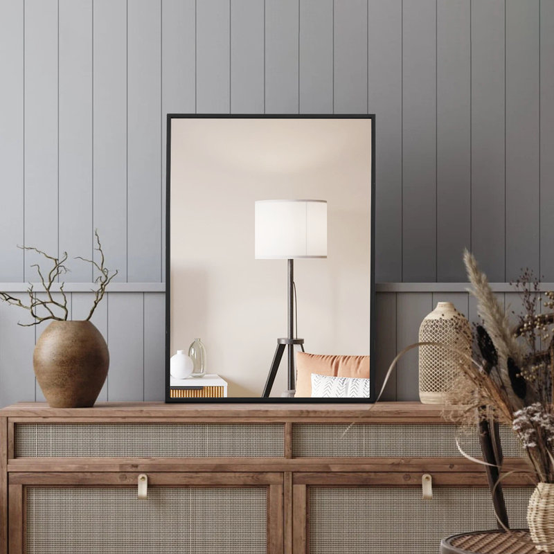 Bathroom Wall Mirror with Rectangular Metal Frame, Black, 36" x 24"