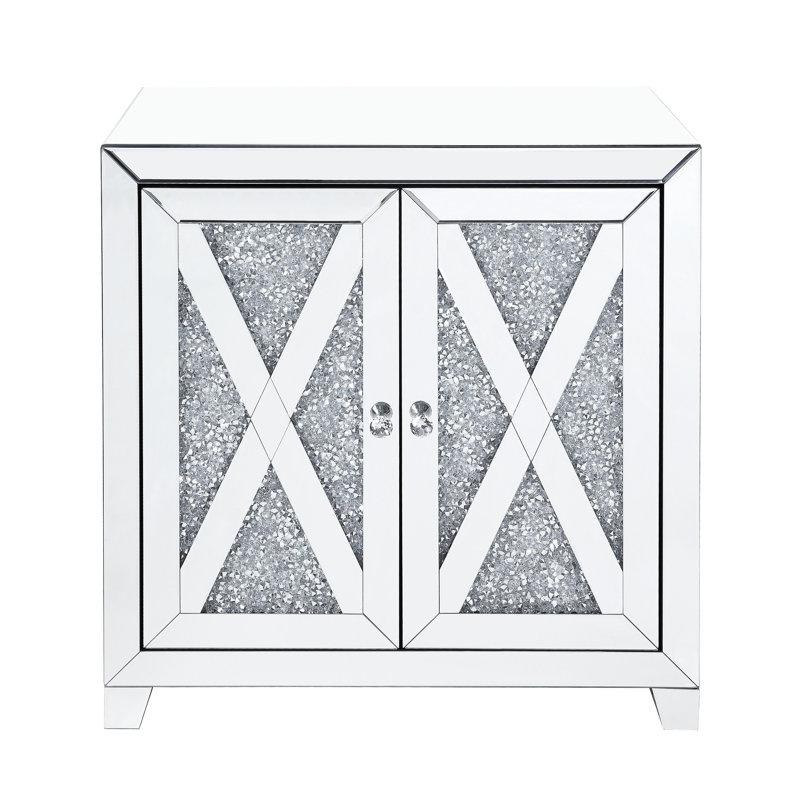Console en miroir avec façade en faux diamants, 2 portes de rangement, pieds fuselés, verre trempé de 4 mm, table à garniture de 32 po, garniture en forme de «X», large