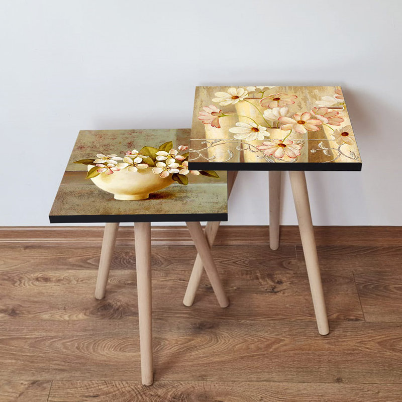 Elegant Nesting Table Set (2 Pieces), Impressionist Flower Design, Beech Wood Legs, Larger Table: 13.8 x 18.5 x 13.8 inches | 100% MDF, Thickness: 0.7 inches | Perfect for Living Room or Accent Decor