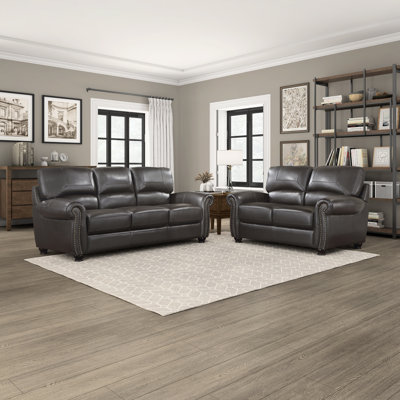 Neoga 2 Piece Genuine Top Grain Leather Roll Arm Living Room Set