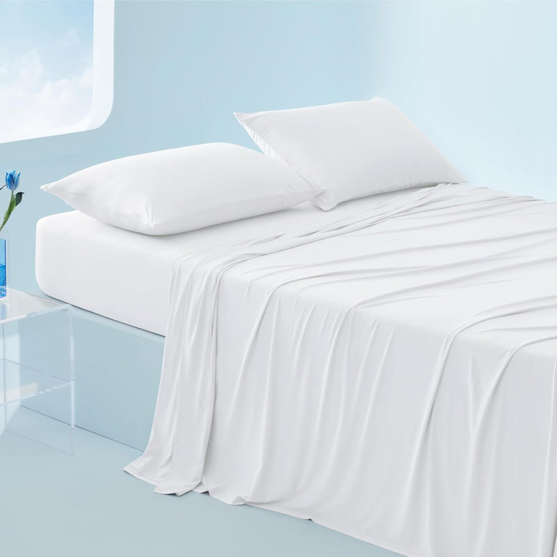 Bedsure Cooling Sheets with Deep Pocket Up to 17.5", Cal King Sheet Set with 2 Pillowcases, White