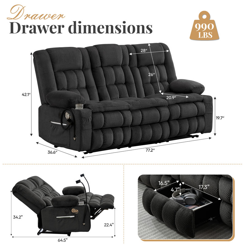 3-seater Manual Reclining Sofa With Fold-down Console, Hidden Storage Drawer & Double Padded Velvet Upholstery – Comfortable Recliner Couch For Living Room, Apartment