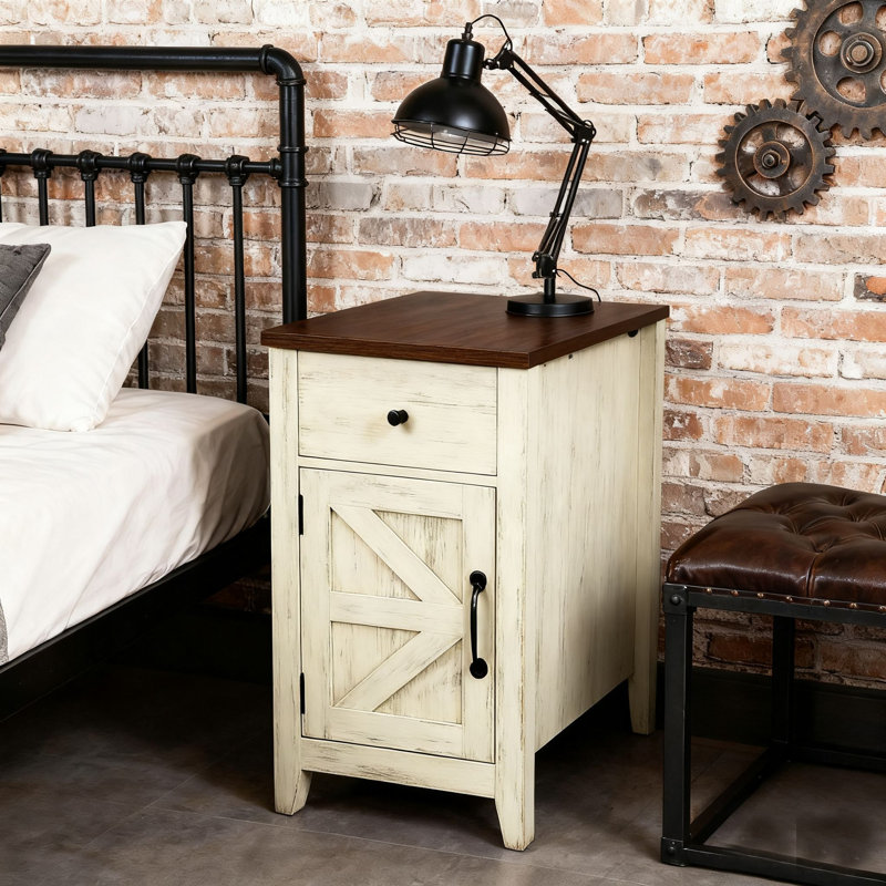 Table de chevet rustique avec tiroir, armoire et station de charge, Blanc / Brun